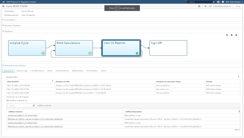 Screenshot of SAS Solution for Regulatory Capital showing cycles