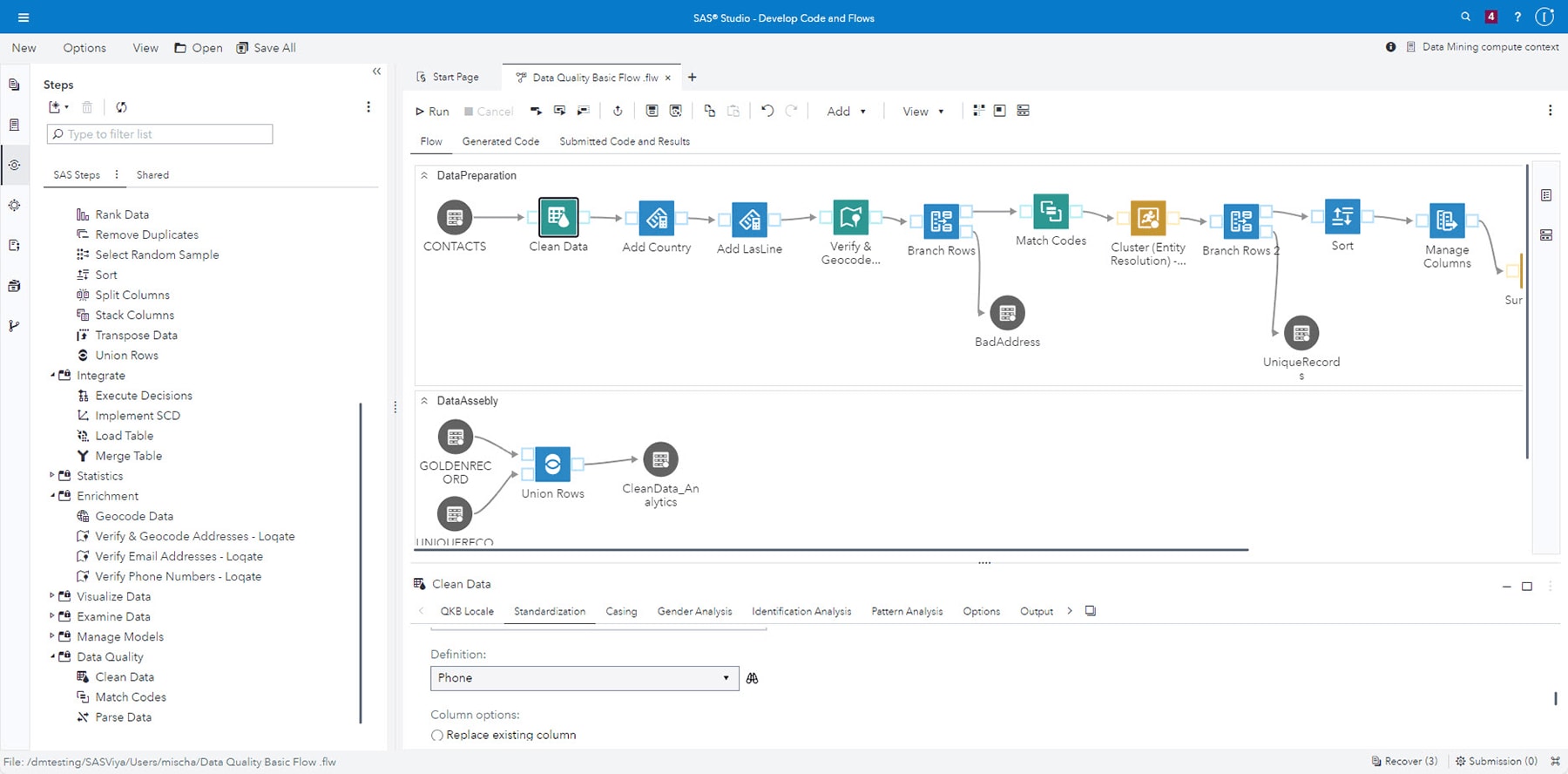 Screenshot showing SAS Data Preparation and Data Quality low code