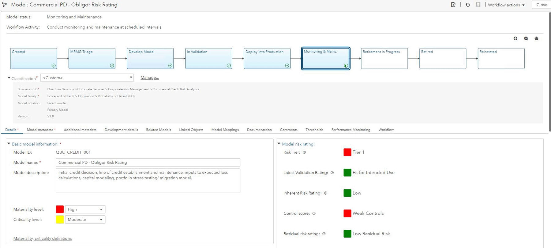 Screenshot of SAS Model Risk Management showing model object