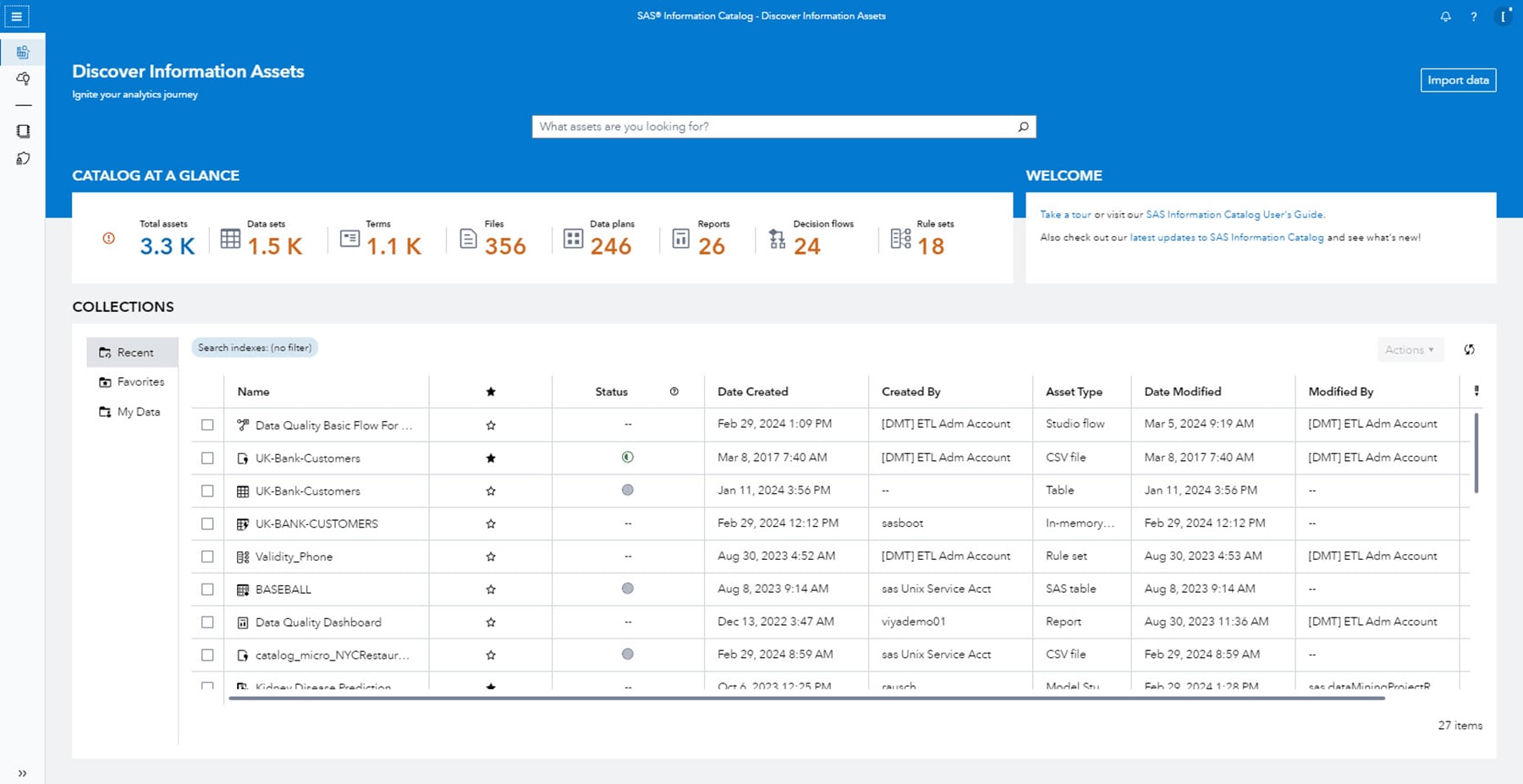 SAS Information Catalog profile and search screenshot
