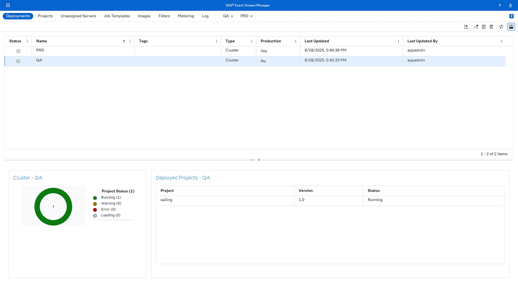 Screenshot of SAS Event Stream Processing - event stream manager