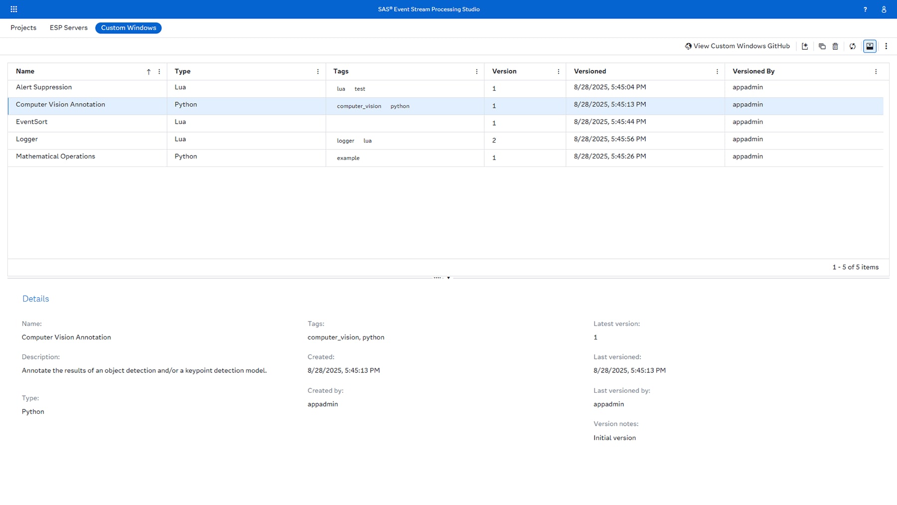 Screenshot of SAS Event Stream Processing - custom windows