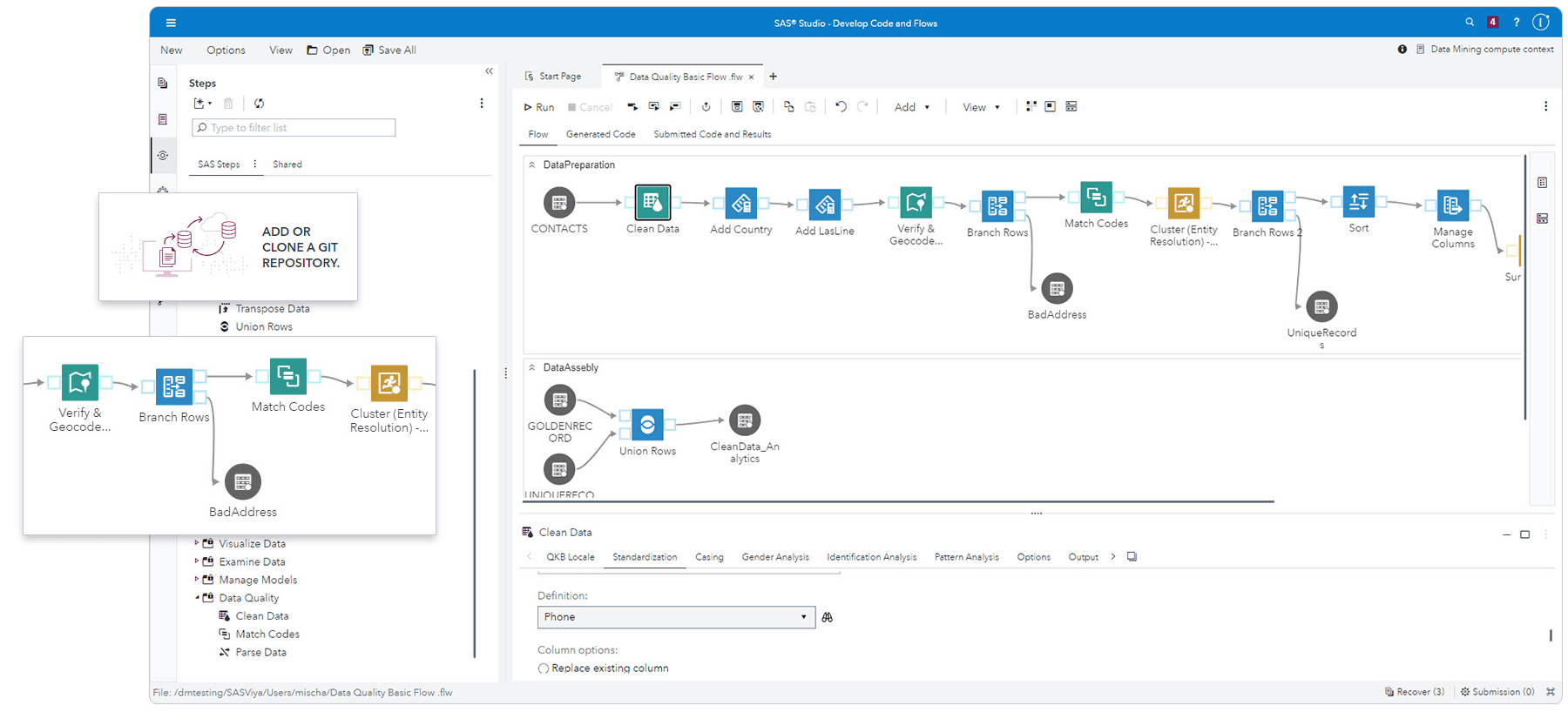Screenshot of SAS for Data Preparation and Data Quality No Code with highlights