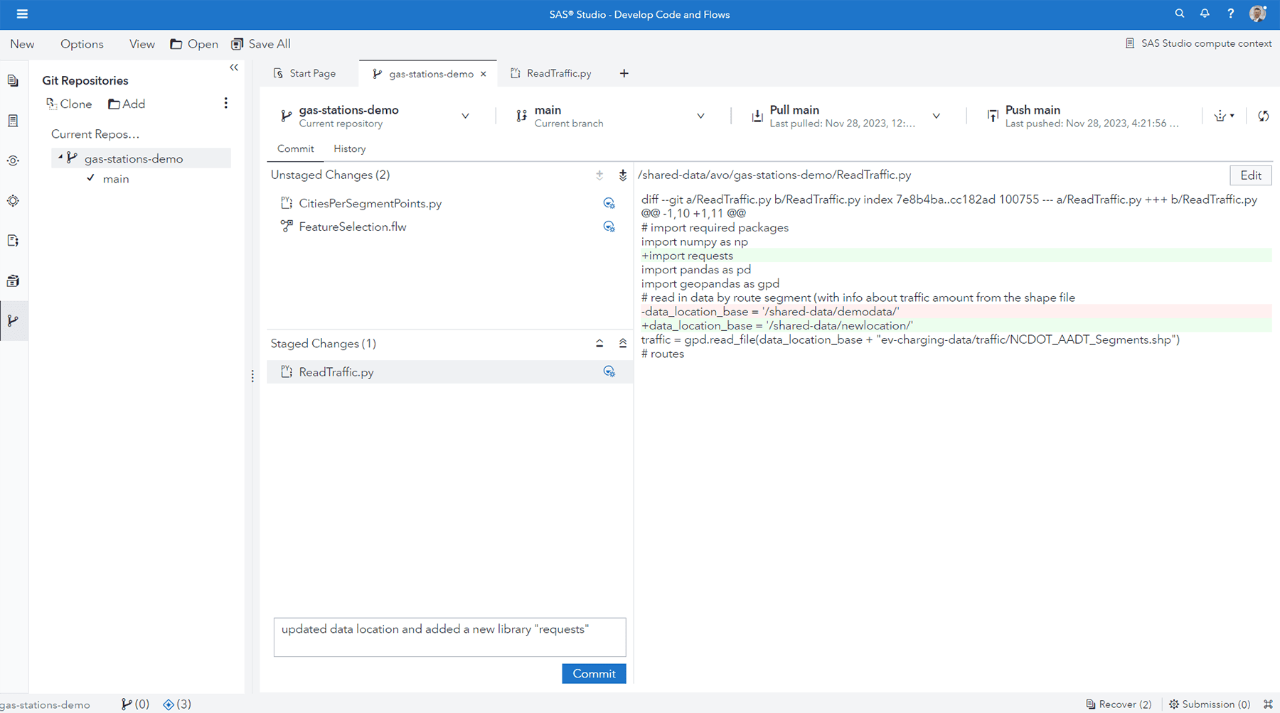 Screenshot showing SAS Studio GIT Integration