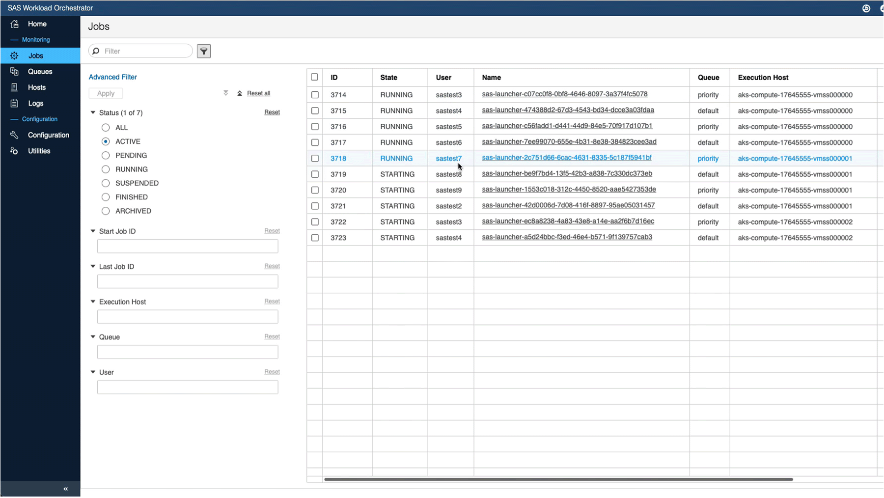 Screenshot of SAS Workload Management showing jobs on desktop monitor
