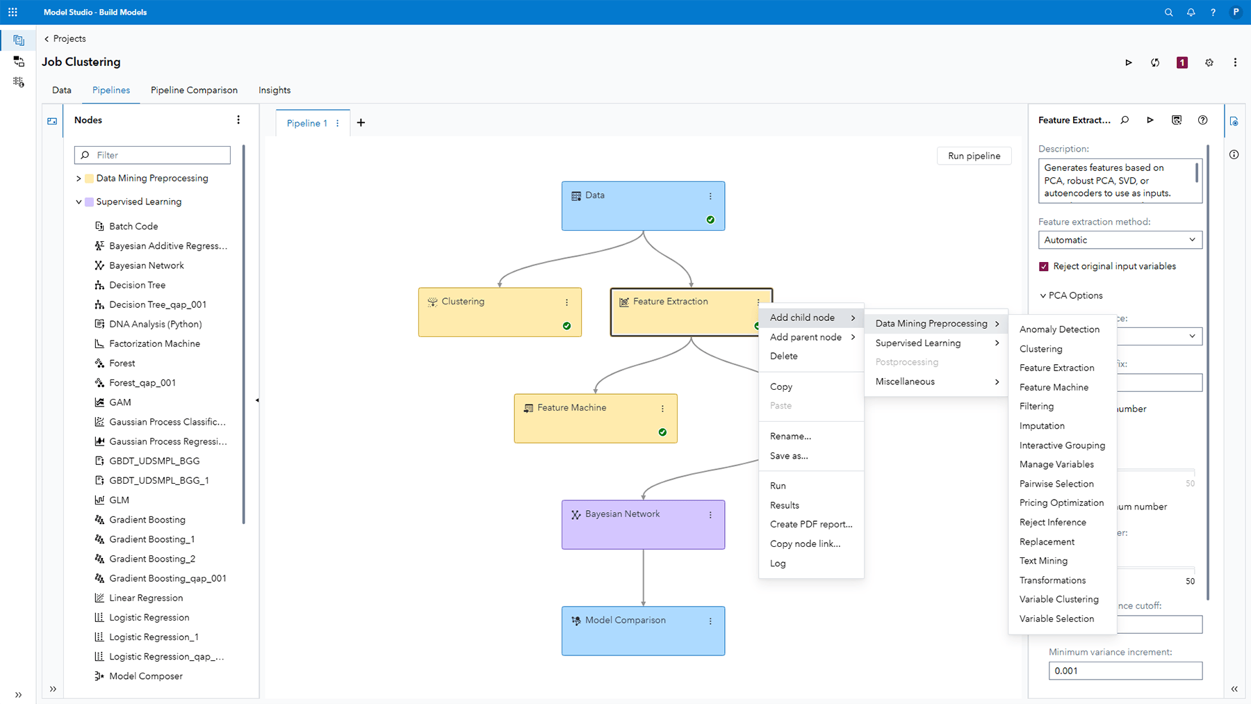 Screenshot of SAS Visual Machine Learning showing low-/no-code environment