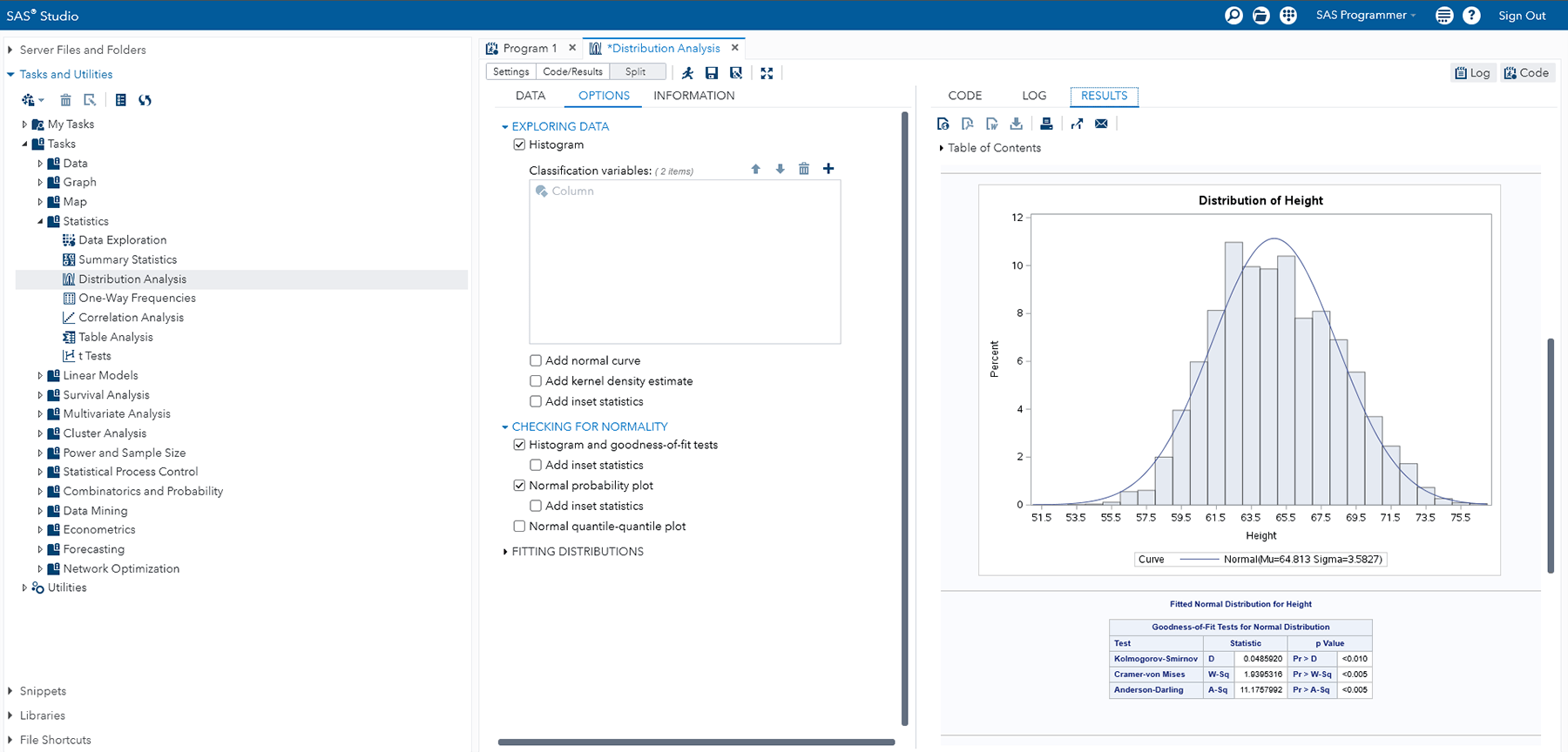 Screenshot of SAS Studio ODA distribution analysis