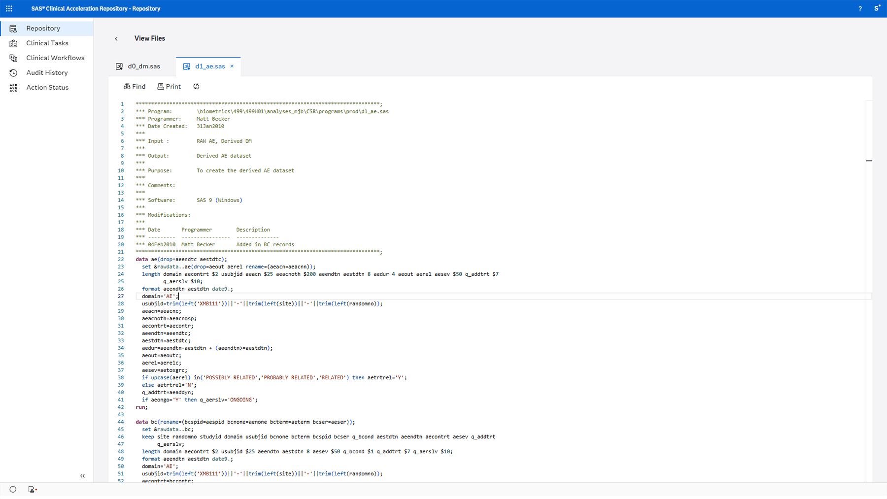 Screenshot of SAS Health Clinical Acceleration - repository view files